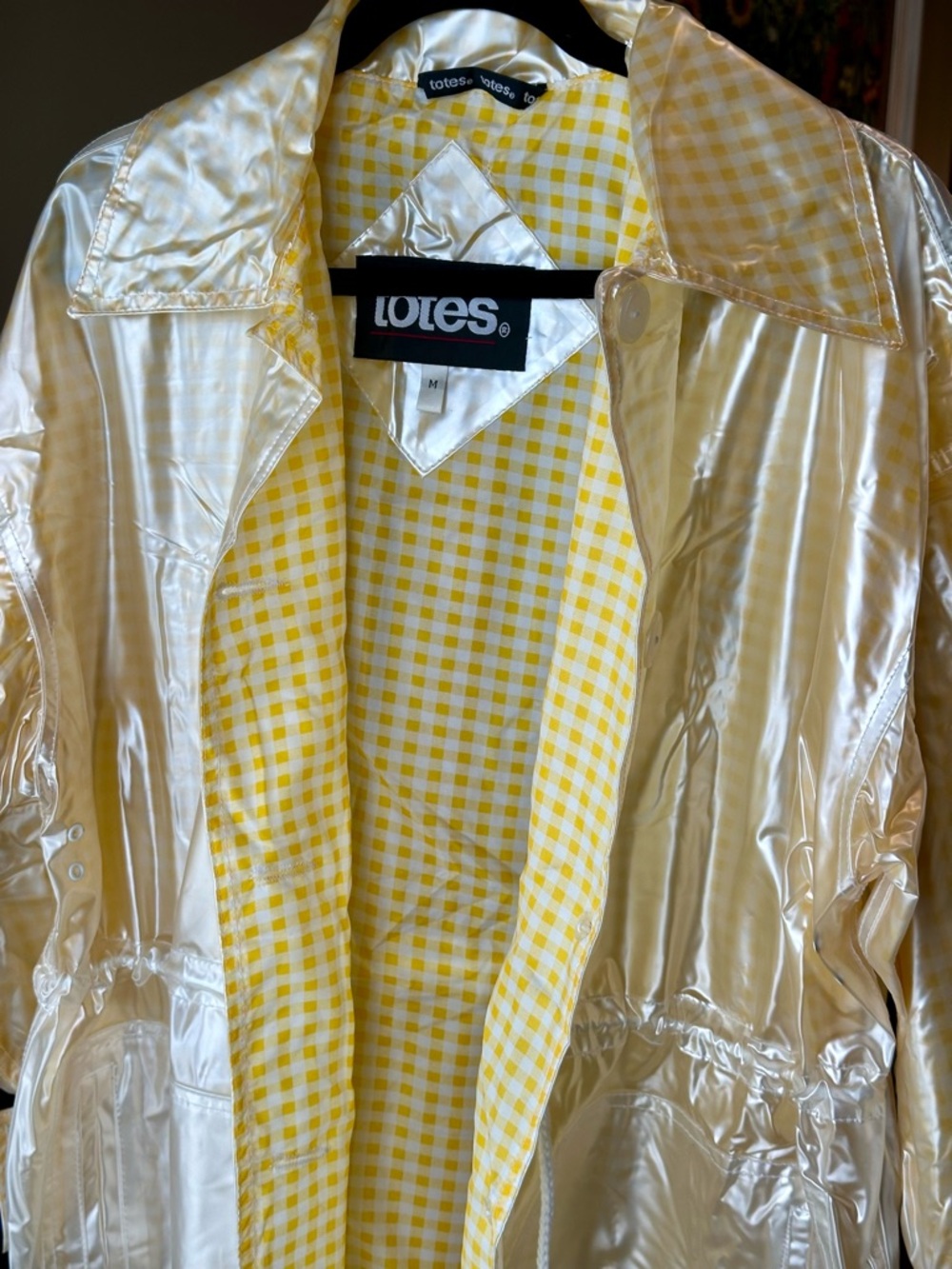 Totes Gingham Raincoat Yellow White Waterproof Jacket Packable Size M - Picture 3 of 10